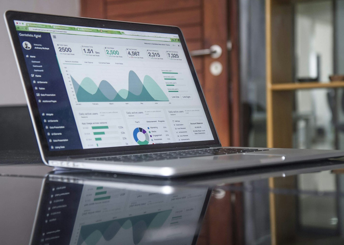 Laptop on a reflective desk displaying a metrics dashboard with charts